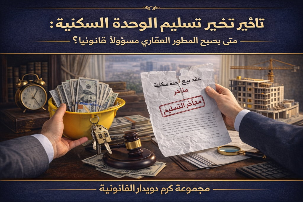 يُعد تأخير تسليم الوحدة السكنية من أكثر النزاعات العقارية شيوعًا في السوق المصري، خاصة مع انتشار مشروعات البيع على الخريطة. ويثور التساؤل القانوني الأهم لدى المشترين: متى يصبح المطور العقاري مسؤولًا قانونًا عن هذا التأخير؟